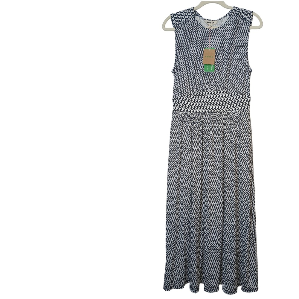 Boden Navy Blue White Geometric Print Sleeveless Midi Jersey Dress 6 NWT Elegant